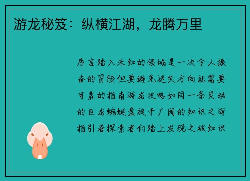游龙秘笈：纵横江湖，龙腾万里
